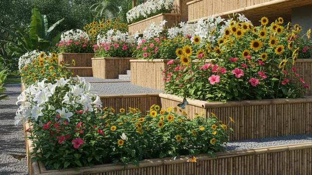 Desain Teras Rumah Estetik dengan Kebun Bunga Warna-Warni. AI