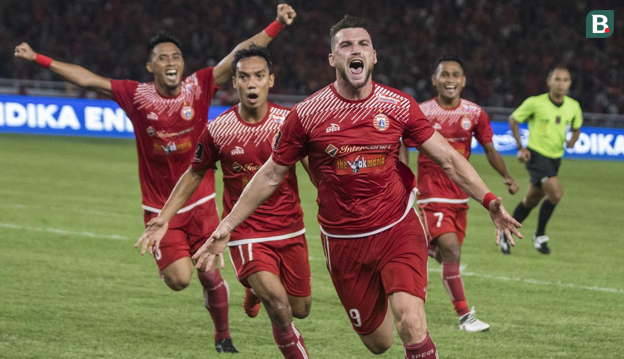 Striker Persija Jakarta, Marko Simic, merayakan gol yang dicetaknya ke gawang Bali United pada final Piala Presiden di SUGBK, Jakarta, Sabtu (17/2/2018). Persija menang 3-0 atas Bali United. (Bola.com/Vitalis Yogi Trisna)