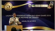 Wakil Gubernur DKI Jakarta Sandiaga Uno memberi sambutan sebelum penempelan stiker aman saji Asian Games 2018 di salah satu restoran di Plaza Indonesia, Jakarta, Selasa (24/7).  (Liputan6.com/Arya Manggala)