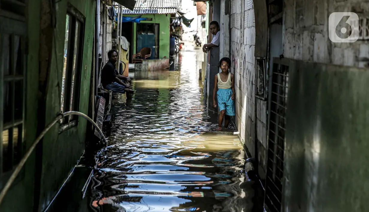 Aktivitas warga saat banjir rob di kawasan Muara Angke, Jakarta, Selasa (9/11/2021). Badan Penanggulangan Bencana Daerah (BPBD) DKI Jakarta memperkirakan puncak musim hujan dan potensi rob di Ibu Kota terjadi pada Januari hingga Februari 2022. (Liputan6.com/Faizal Fanani)