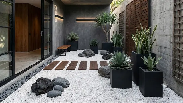 Desain Taman Kering Monokrom yang Elegan