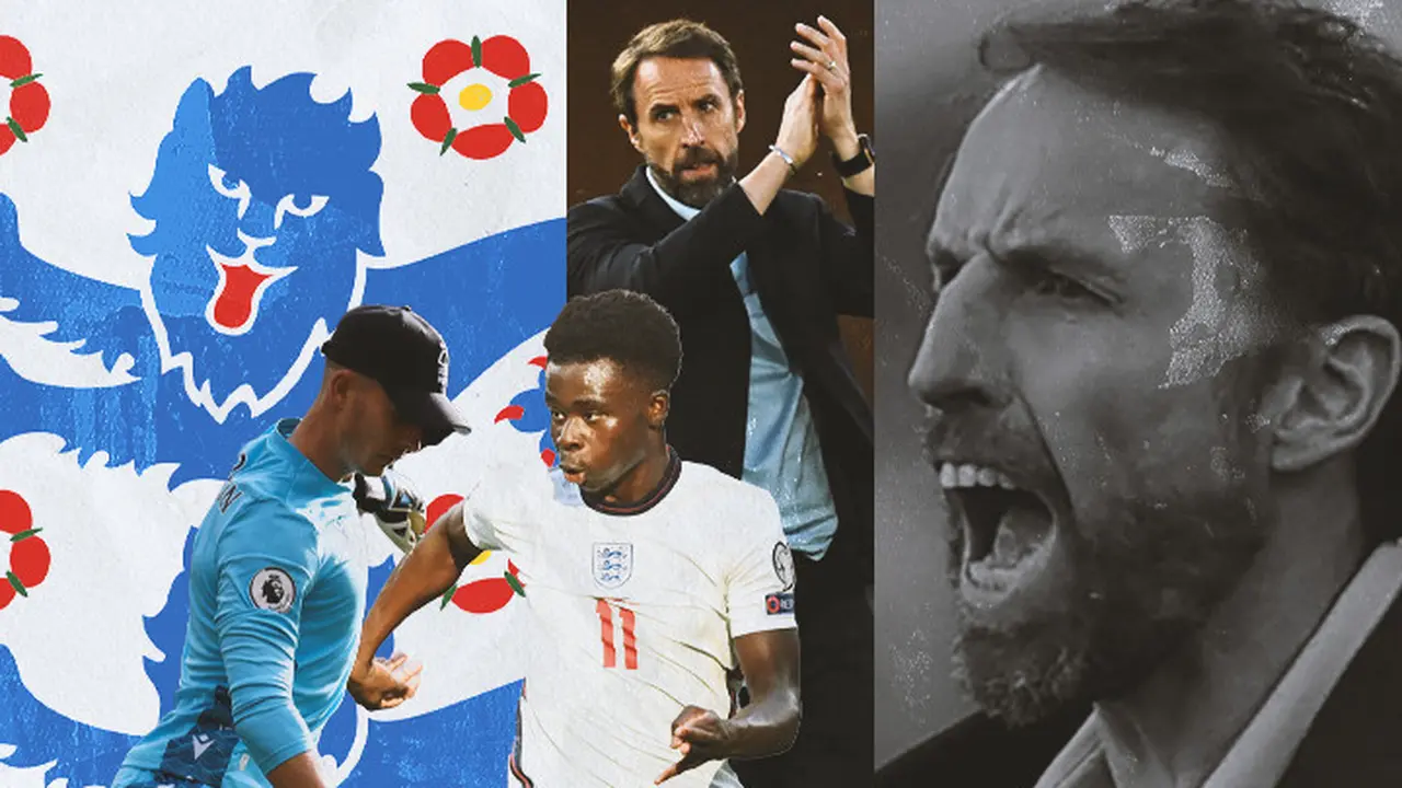 Ilustrasi - Gareth Southgate dikelilingi Bukayo Saka dan Dean Henderson