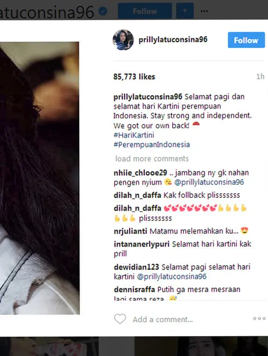 Lain halnya dengan Prilly Latuconsina, tak mengunggah foto mengenakan kebaya namun ia tetap merayakan Hari Kartini. Dalam unggahannya, ia mengucapkan selamat pagi dan Selamat Hari Kartini untuk para perempuan di Indonesia. (Instagram/prillylatuconsina)