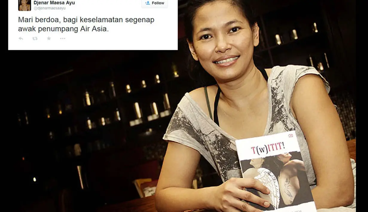 Akun penulis Djenar Maesa Ayu @djenarmaesaayu menuliskan, "Mari berdoa, bagi keselamatan segenap awak penumpang Air Asia," berikut foto pesawat Air Asia yang hendak terbang. (Istimewa)