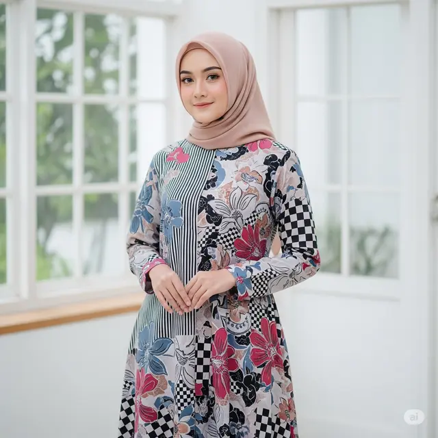 Model Gamis Bahan Katun Motif Bunga Terbaru 2025. Foto: Gemini