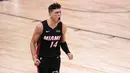 Pebasket Miami Heat, Tyler Herro, melakukan selebrasi usai menaklukkan Boston Celtics pada gim keempat final NBA Wilayah Timur di AdventHealth Arena, Kamis (24/9/2020). Miami Heat menang dengan skor 109-112. (AP/Mark J. Terrill)