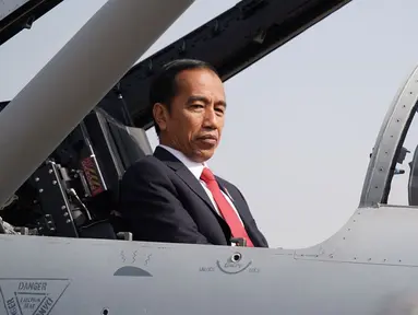 Presiden Joko Widodo (Jokowi) menaiki kokpit pesawat JF-17 Thunder di Pangkalan Udara Nur Khan, Islamabad, Pakistan, Sabtu (27/1). Jokowi juga memperhatikan panel-panel yang ada di pesawat tempur. (Liputan6.com/Pool/Rusman Biro Pers Setpres)