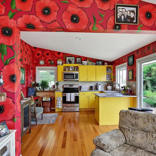 Kombinasi Merah Poppy dan Kuning Cerah di Dapur