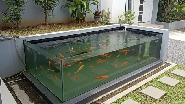Model Kolam Ikan Kaca Minimalis dengan Sudut Depan Rumah