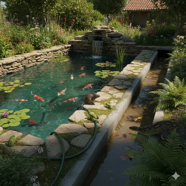 Desain Kolam Ikan yang Terlihat Aman Ini Justru Menarik Ular (Foto: Gemini AI)