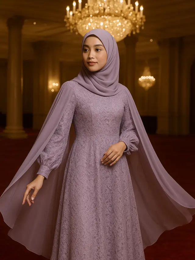 Gamis Brokat Lengan Balon Warna Lilac