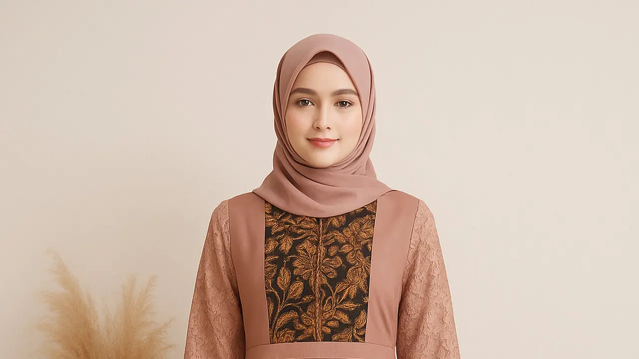 Model Dress Batik Panjang Muslim Kombinasi Polos dan Brokat