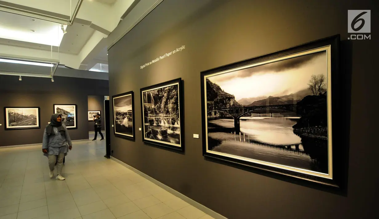 Deretan foto karya Suherry Arno yang bertema Melampaui Fotografi dipamerkan di Galeri Nasional, Jakarta, Selasa (24/10). Pameran foto tunggal karya Suherry Arno ini berlangsung hingga 5 November 2017. (Liputan6.com/Helmi Fithriansyah)