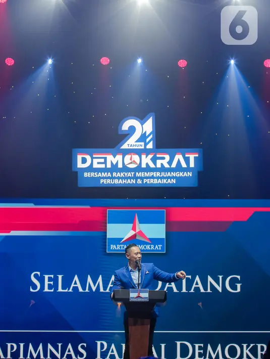 Ketua Umum Partai Demokrat Agus Harimurti Yudhoyono (AHY) membuka Rapat Pimpinan Nasional (Rapimnas) Partai Demokrat di JCC, Jakarta, Kamis (15/9/2022). Dalam Rapimnas tersebut Partai Demokrat akan membahas terkait rencana koalisi dan calon presiden (Capres) untuk Pemilu 2024. (Liputan6.com/Faizal Fanani)