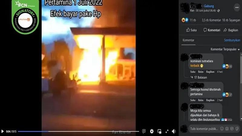 Gambar Tangkapan Layar Video yang Diklaim SPBU Terbakar Akibat Bayar BBM Pakai Handphone (sumber: Facebook).