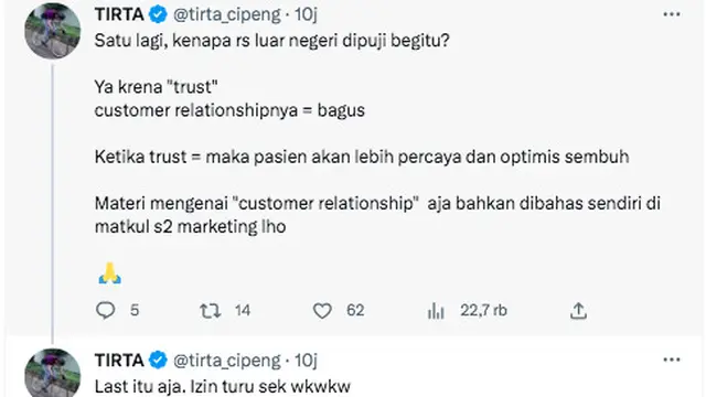 Dokter Tirta Sampaikan Terima Kasih kepada Kiky Saputri, Anggap Twit Soal Stroke Kuping sebagai Kritik untuk Dunia Kedokteran Indonesia. (twitter @tirta_cipeng)