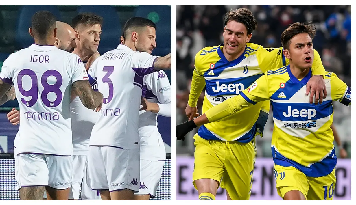 Tak butuh waktu lama bagi Dusan Vlahovic yang kini berseragam Juventus untuk melawan eks klubnya Fiorentina. Usai Juventus menang 2-1 atas Sassuolo dan Fiorentina menang 3-2 atas Atalanta, keduanya akan bertemu dalam dua leg semifinal Coppa Italia 2021/2022. (Kolase LaPresse via AP)