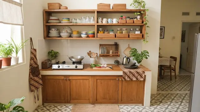 Desain dapur yang tidak terasa pengap dan cocok sebagai ide penataan yang bikin ruangan terasa lebih lega model menggunakan rak terbuka untuk menyimpat alat yang sering dipakai