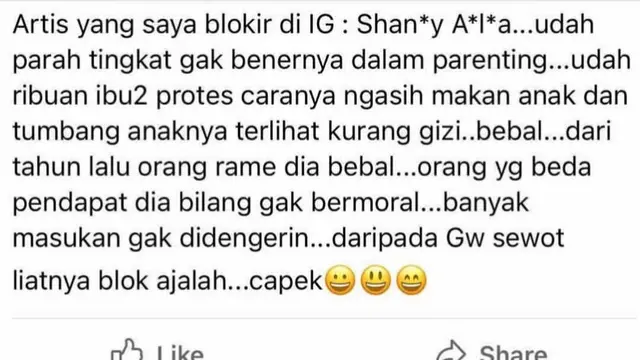 Unggahan Shandy Aulia soal warganet yang menghina anaknya. (Foto: Instagram @shandyaulia)