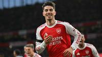Gelandang Arsenal asal Jerman, nomor punggung 29 Kai Havertz, merayakan gol pembuka dalam pertandingan Liga Inggris antara Arsenal dan Burnley di Stadion Emirates di London pada 18 Mei 2026. (Glyn KIRK/AFP)