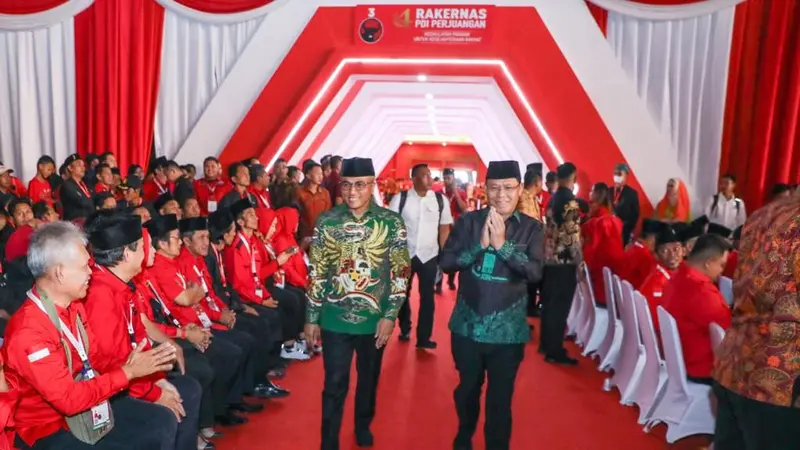 Plt Ketua Umum Partai Persatuan Pembangunan (PPP) Mardiono saat menghadiri kegiatan Rapat Kerja Nasional (Rakernas) IV PDIP, di JIExpo, Kemayoran, Jakarta Pusat, Jumat (29/9/2023).