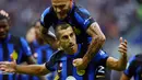 Pesta Inter ke gawang AC Milan ditutup dengan gol Davide Frattesi di menit ke-90+3. Inter menang 5-1 atas rival sekotanya tersebut. (Spada//LaPresse via AP)