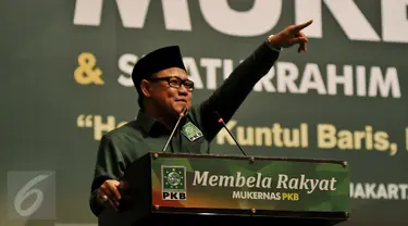 Ketua Umum PKB Muhaimin Iskandar saat memberikan arahan kepada kader PKB di JCC, Jakarta, Jumat (5/2/2016). Pemberian arahan ini adalah rangkaian Mukernas PKB yang akan dibuka nanti malam oleh Presiden RI Joko Widodo. (Liputan6.com/Johan Tallo)