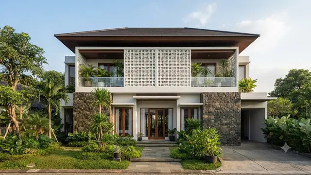 Model Fasad Rumah dengan Perpaduan Roster dan Batu Andesit yang Elegan