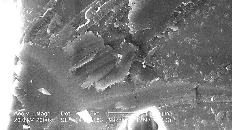 Pemindaian Scanning electron microscope (SEM)  terhadap Meteorit Nakhla yang jatuh di Mesir pada 28 Juni 1911