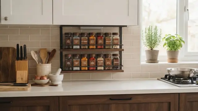 Ide rak bumbu yang menyatu dengan dinding dapur sehingga terlihat rapi dan elegan, model di bawah dinding dapur