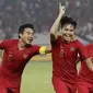 Gelandang Indonesia, Witan Sulaeman, melakukan selebrasi usai membobol gawang Chinese Taipei, pada laga AFC U-19 di SUGBK, Jakarta, Kamis (18/10/2018. Indonesia menang 3-1 atas Chinese Taipei. (Bola.com/M Iqbal Ichsan)