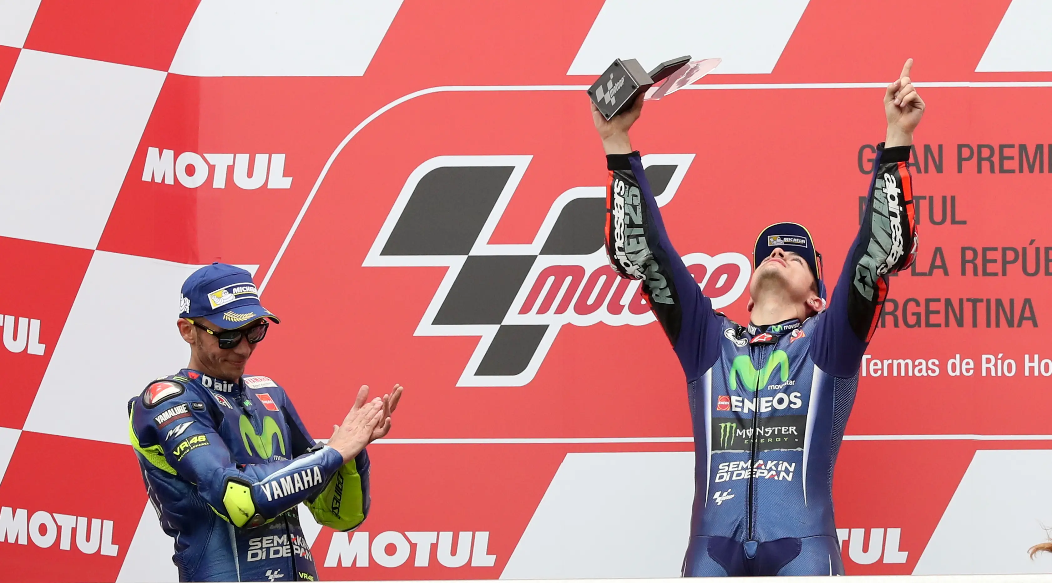 Maverick Vinales membawa Yamaha bersinar di awal MotoGP 2017 dengan memenangkan seri Argentina. (AP Photo/Nicolas Aguilera)