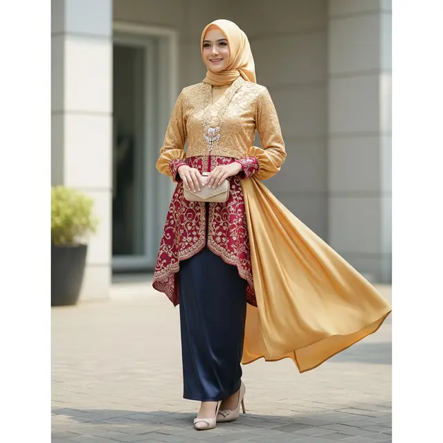 Gamis Kombinasi Brokat Lengan Balon. Foto: Gemini