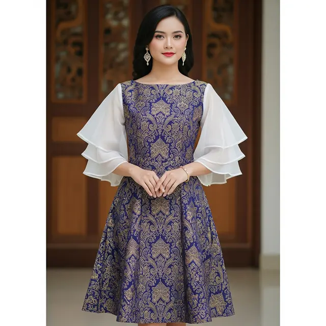 Model Long Dress Batik Brokat dengan Outer Transparan (Image by Gemini AI)