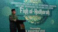 KH Yahya Cholil Staquf, Ketua Umum PBNU dalam acara Konvensi Internasional Pertama tentang Yurisprudensi Islam untuk Peradaban Global “Fiqih Hadharah”, Jakarta, Kamis (15/12/2022). (Foto: NU Online)