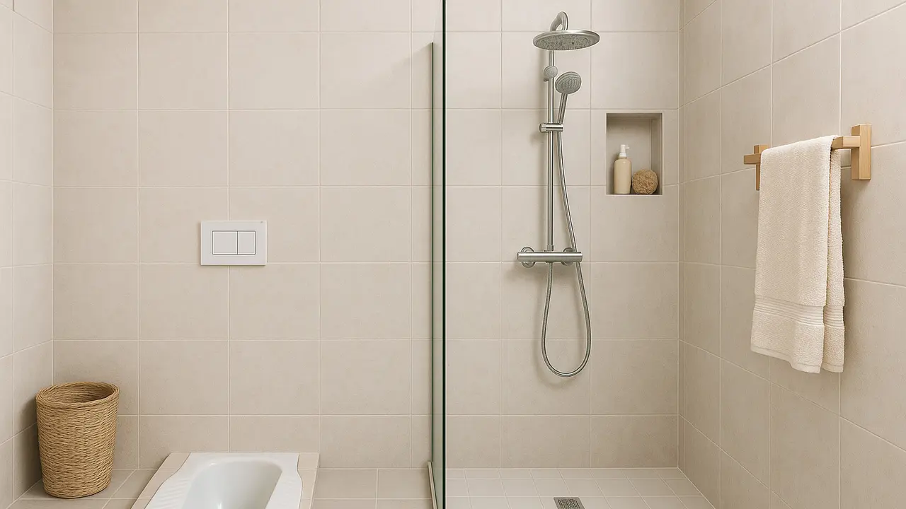 Model Kamar Mandi Kloset Jongkok Dengan Sekat Shower/Ilustrasi AI