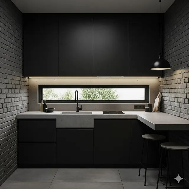 Desain Monokrom dengan Meja Beton & Kabinet Hitam Matte