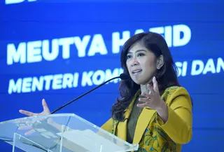 Menkomdigi Meutya Hafid saat memberikan sambutan dalam Forum Bakohumas 'GPR Outlook 2026: Satu Narasi, Bangun Reputasi Negeri' di Hotel Borobudur, Jakarta. (Ist)