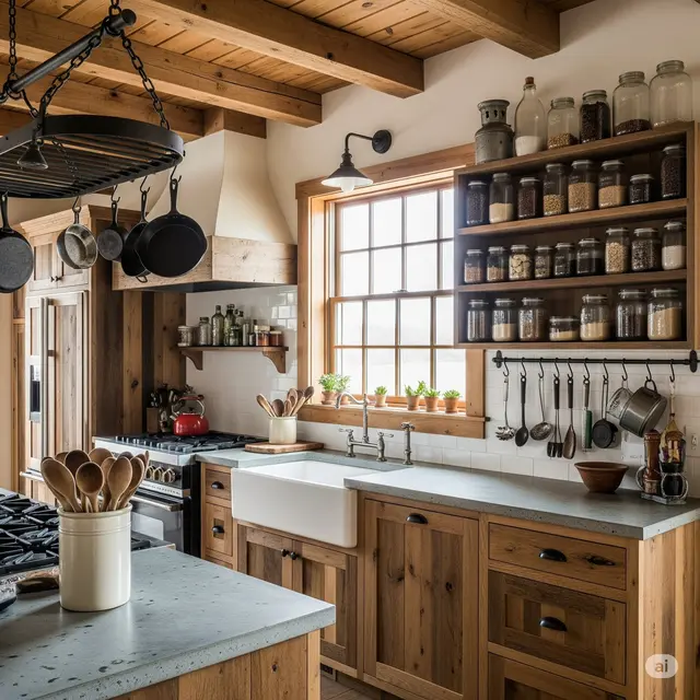 Dapur Bergaya Pedesaan Elegan dengan Balok Kayu Ekspos