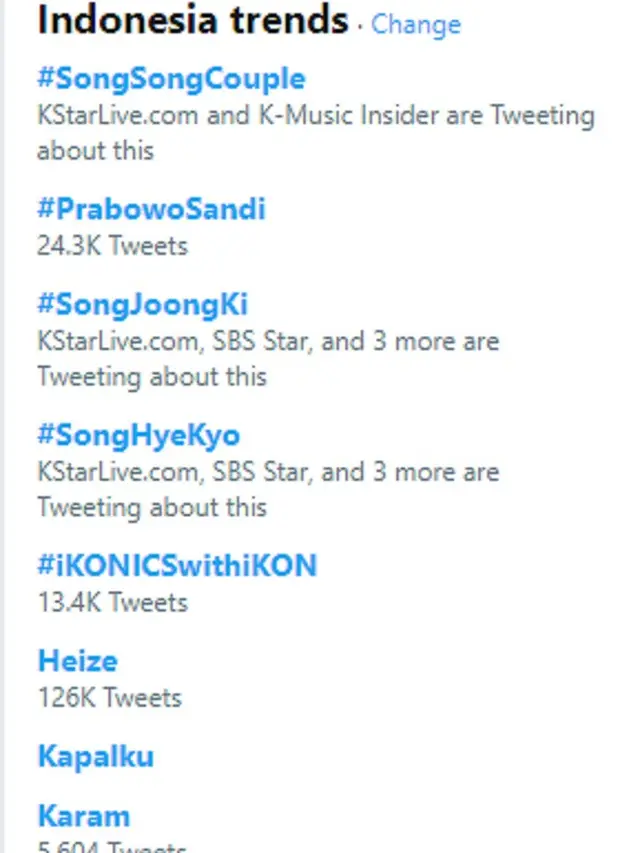 Deretan tagar dan keywords tentang perceraian Song Joong Ki dan Song Hye Kyo (Screenshot Twitter)