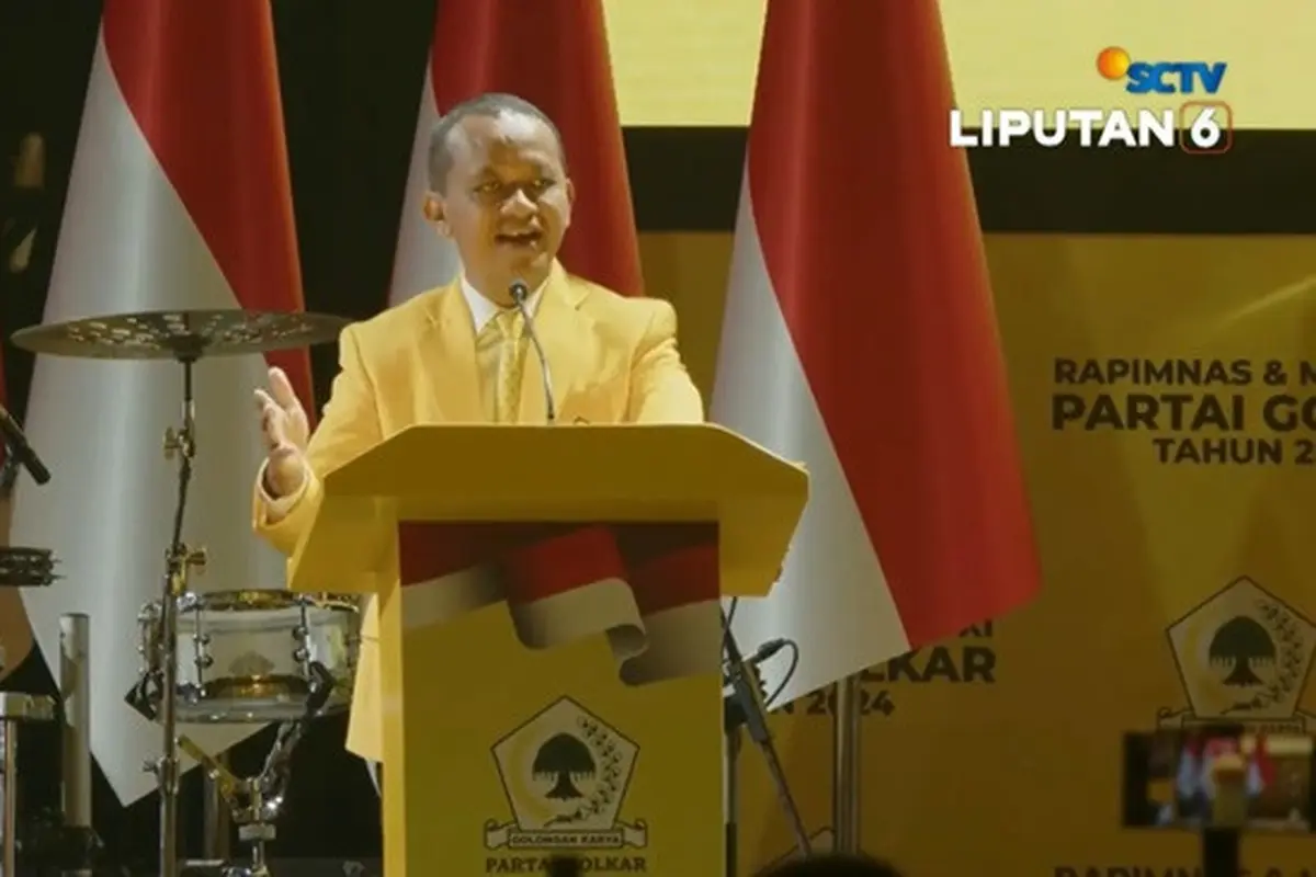 Ketua Umum Partai Golkar Bahlil Lahadalia Saat Berpidato di Rapat Pimpinan Nasional (Rapimnas) dan Musyawarah Nasional (Munas) XI Partai Golkar, Jakarta Convention Center (JCC) Senayan, Rabu (21/8/2024).  (YouTube Liputa6)