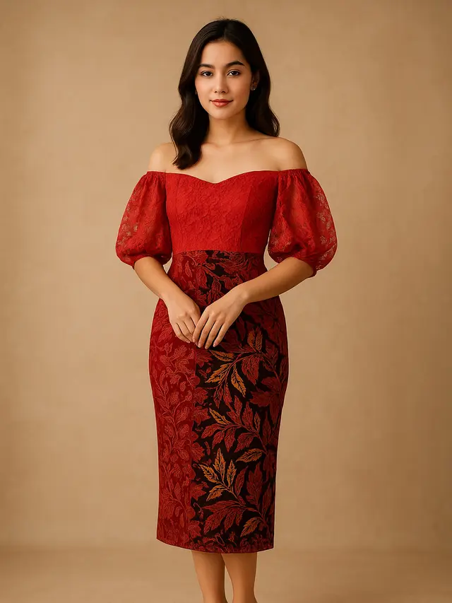 Dress Batik Kombinasi Brokat Lengan Balon