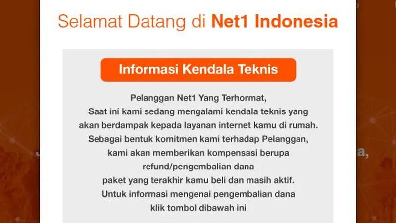 PT Sampoerna Telekomunikasi Indonesia (STI) melalui layanan internet dengan merek Net1 mengumumkan telah menyetop layanannya untuk sementara. Dok: tangkapan layar dari situs web net1.co.id