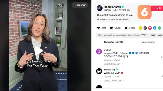 Wakil Presiden AS Kamala Harris kini sudah punya akun TikTok (Liputan6.com/ Agustin Setyo Wardani)