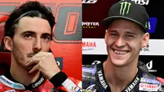 Ekspresi berbeda dari dua pembalap yang sedang berjuang meraih titel juara dunia MotoGP 2022 yaitu pembalap Ducati, Pecco Bagnaia dan pembalap Yamaha, Fabio Quartararo terlihat saat sesi latihan bebas di sirkuit Ricardo Tormo. (Foto-foto: AFP/Javier Soriano)