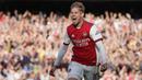 Arsenal mencetak seluruh golnya di babak pertama lewat Emile Smith Rowe, Pierre-Emerick Aubameyang, dan Bukayo Saka. (AP/Frank Augstein)