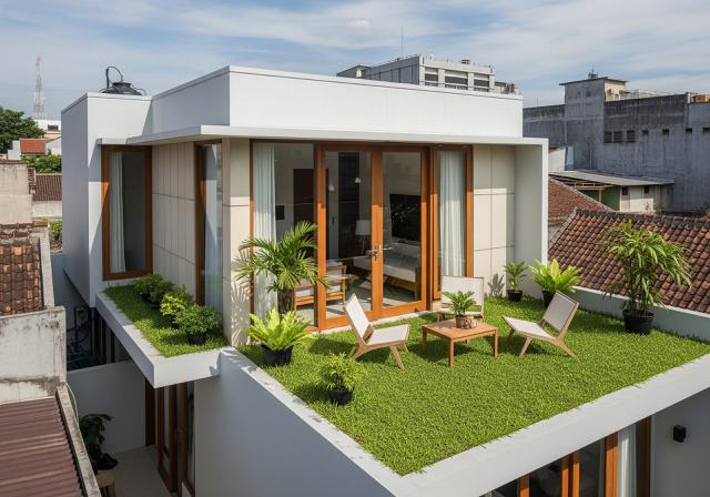 Taman Atap Minimalis dengan Rumput/Rumah Compact dengan Atap Tanaman Hijau Anti Panas dan Bocor (Sumber: gemini.com)