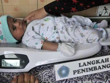Bayi ditimbang saat menjalani pemeriksaan rutin di Posyandu Ria Balita, Cipinang, Jakarta, Selasa (16/7/2019). Presiden Joko Widodo berencana memperkuat kebijakan sumber daya manusia (SDM). (merdeka.com/Iqbal Nugroho)
