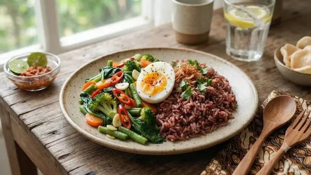 Nasi Merah dengan Telur dan Tumis Sayuran