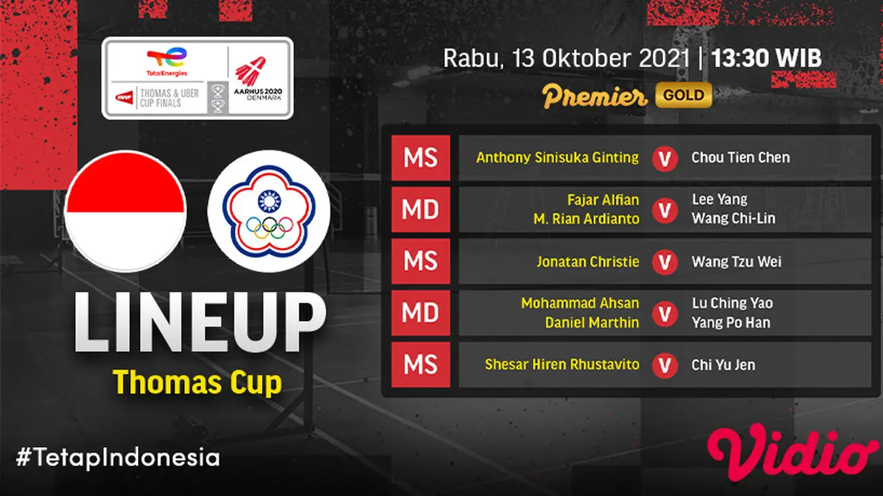 Link Live Streaming dan Susunan Pemain Indonesia vs Taiwan Piala Thomas 2020 di Vidio